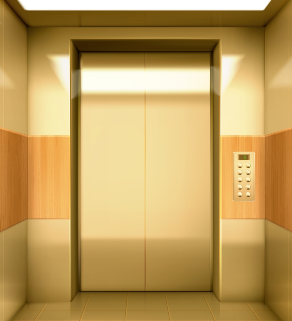 Empty golden elevator cabin with closed doors inside view. Vector realistic luxury interior of passenger lift with buttons panel and digital display with number of floor in house, hotel or office